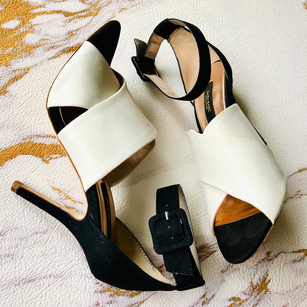 Zara Open-Toe Black and White Heels with Adjustable Strap